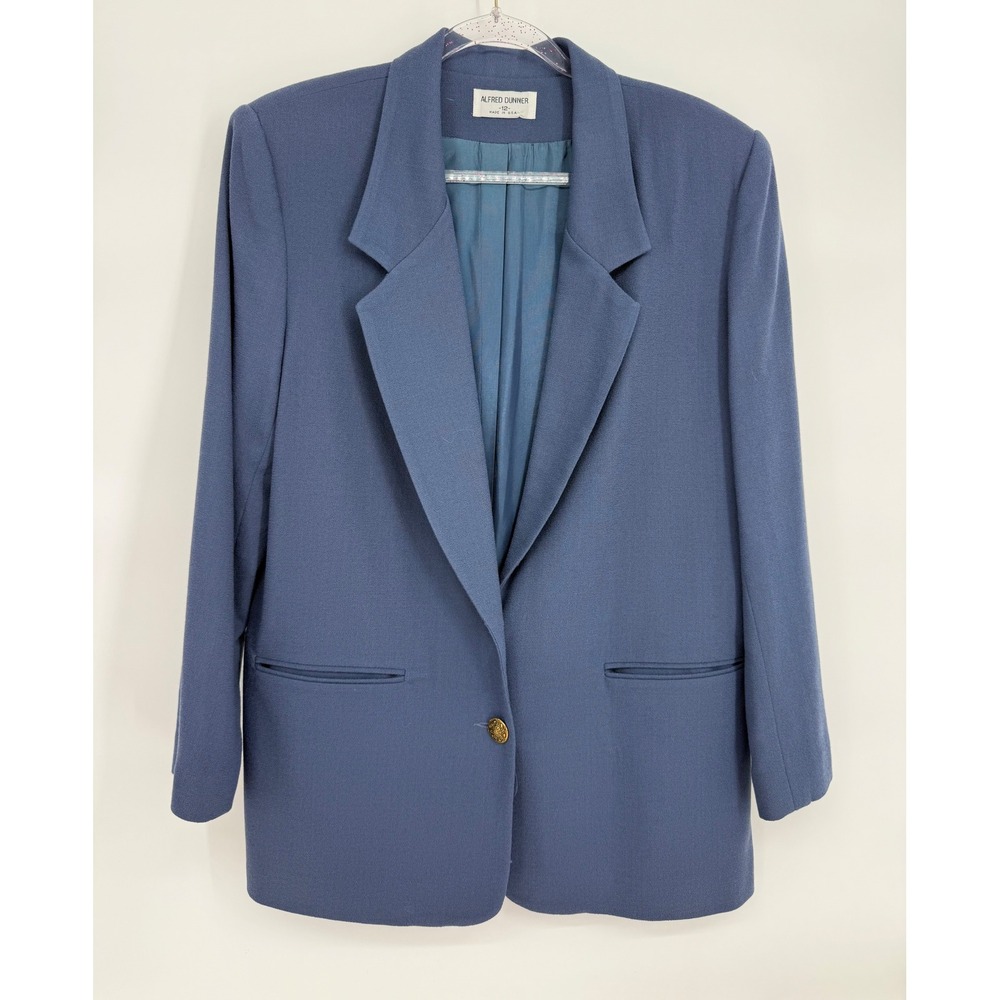 Alfred Dunner Vintage 100% Wool Blazer Jacket Blue Made in USA Sz 12 Gold Tone